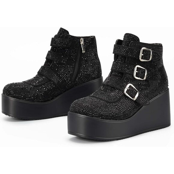 Women Black Rhinestone Polyurethane Buckle Thick Sole Platform Ankle Boots - Picture 2 of 9